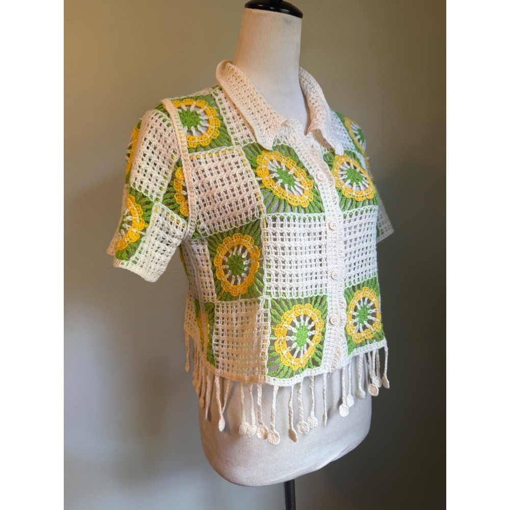 Green Yellow Crochet Granny Square Pom Pom Fringe Top Small boho festival resort